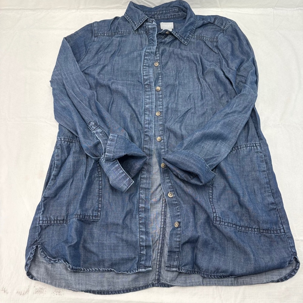 Chicos Blue Lyocell Button Down Tunic Shirt Roll Tab Sleeve Pockets Size 00 US 2